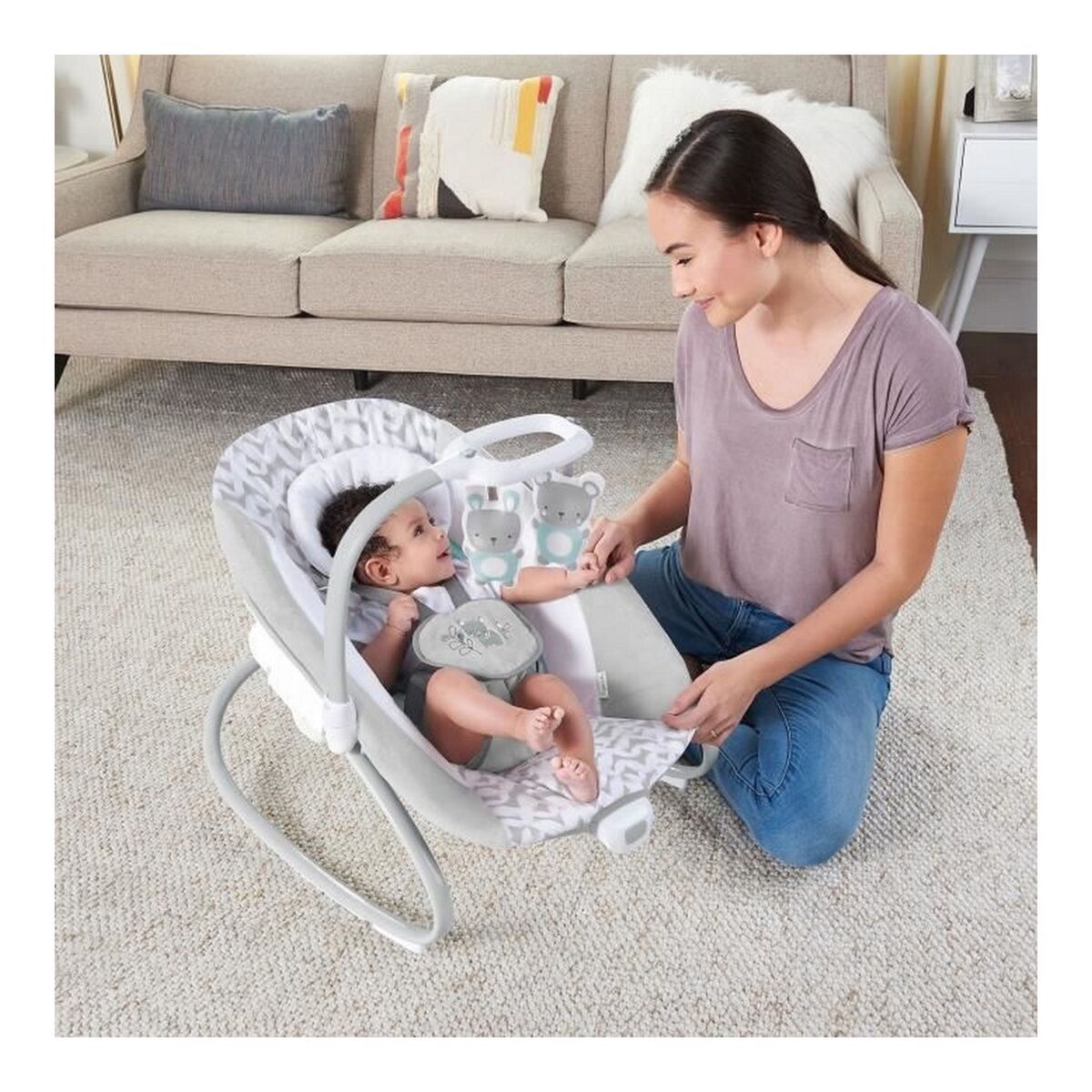 Fauteuil à Bascule Ingenuity 2 - in - 1 Swing Lounger - Raylan Gris Blanc - Babycute